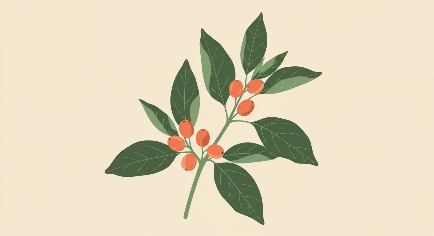 A close-up of an Ashwagandha plant with its distinctive green leaves and small, orange-red berries.