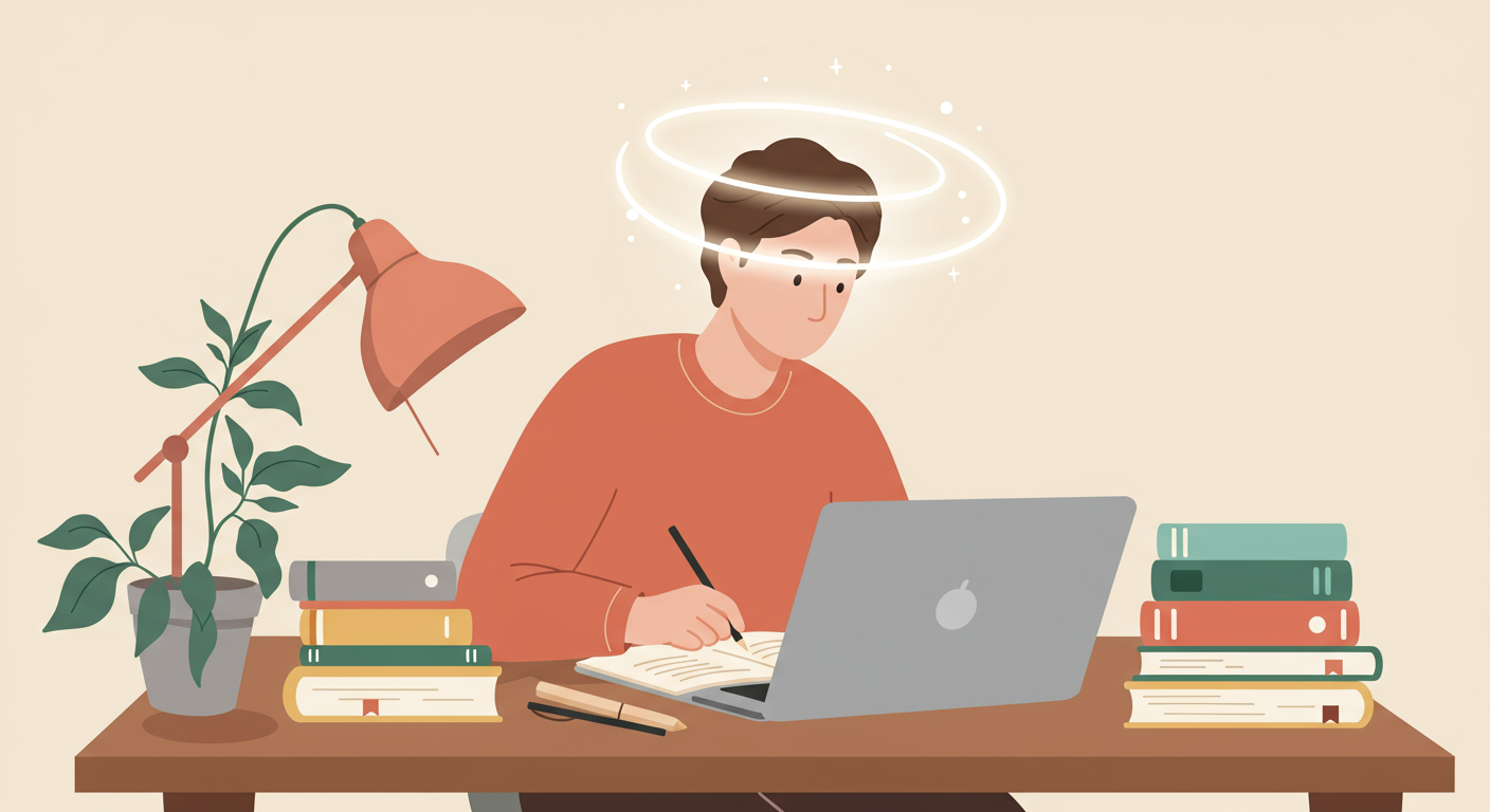 A focused student diligently studying at a desk with books and a laptop, subtly overlaid with a glow around their head symbolizing enhanced cognitive function. An ashwagandha plant is faintly visible in the foreground.