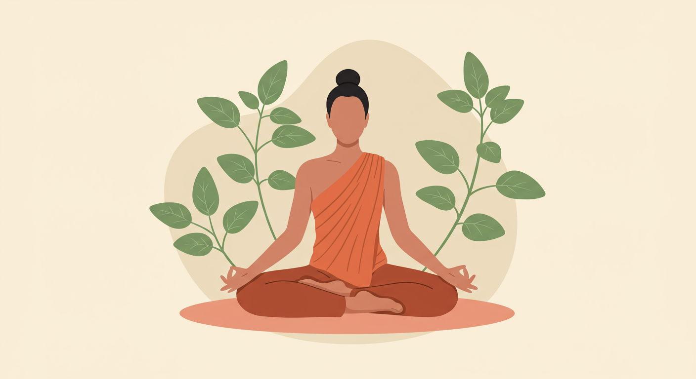 A serene individual meditating in a calm environment, with subtle green ashwagandha leaves incorporated into the background, suggesting tranquility and mental peace.