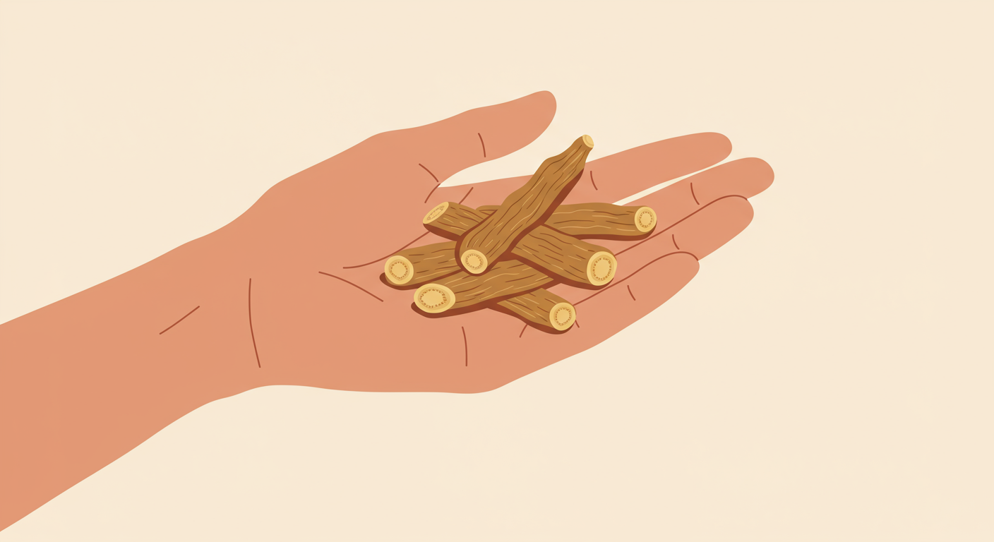 A hand holding several dried Ashwagandha root pieces, symbolizing the raw form of the herb.