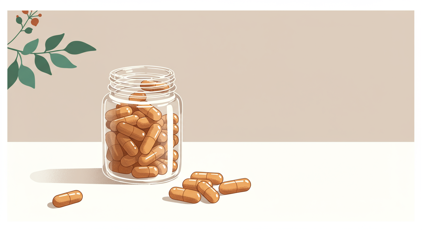 A close-up of Ashwagandha capsules in a small glass jar, with a few spilled out next to it on a clean white surface.