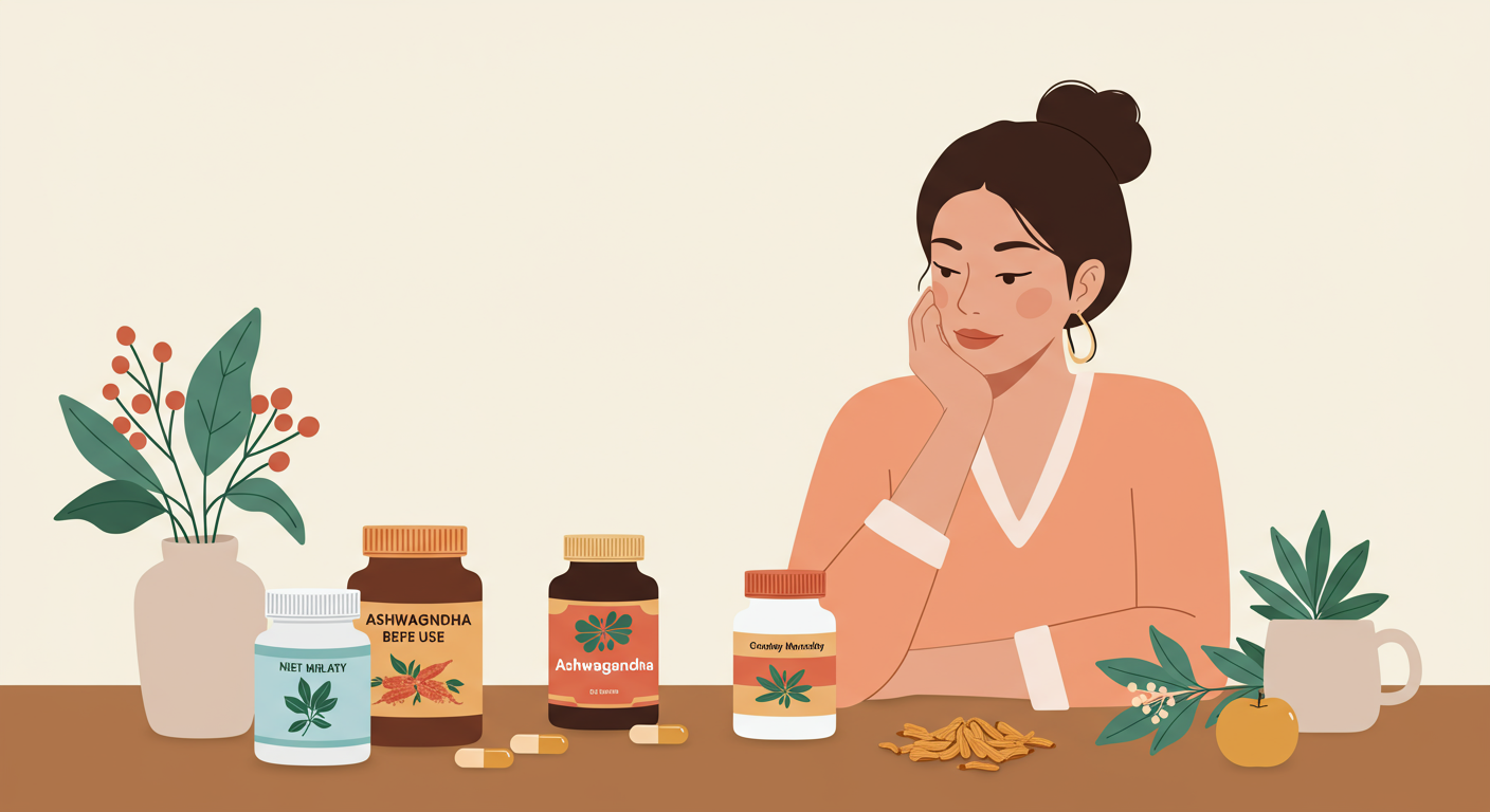 A woman looking thoughtfully at a collection of herbal supplements on a table, including Ashwagandha, suggesting careful consideration before use.
