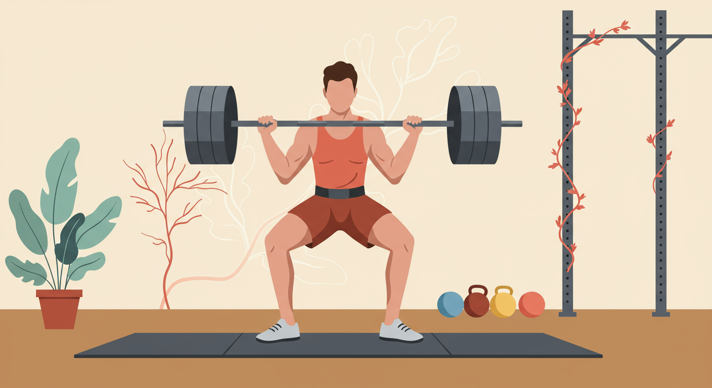 An athlete performing a lift in a gym setting, with a faint, ethereal depiction of Ashwagandha roots intertwined around the weights, symbolizing enhanced strength and recovery.
