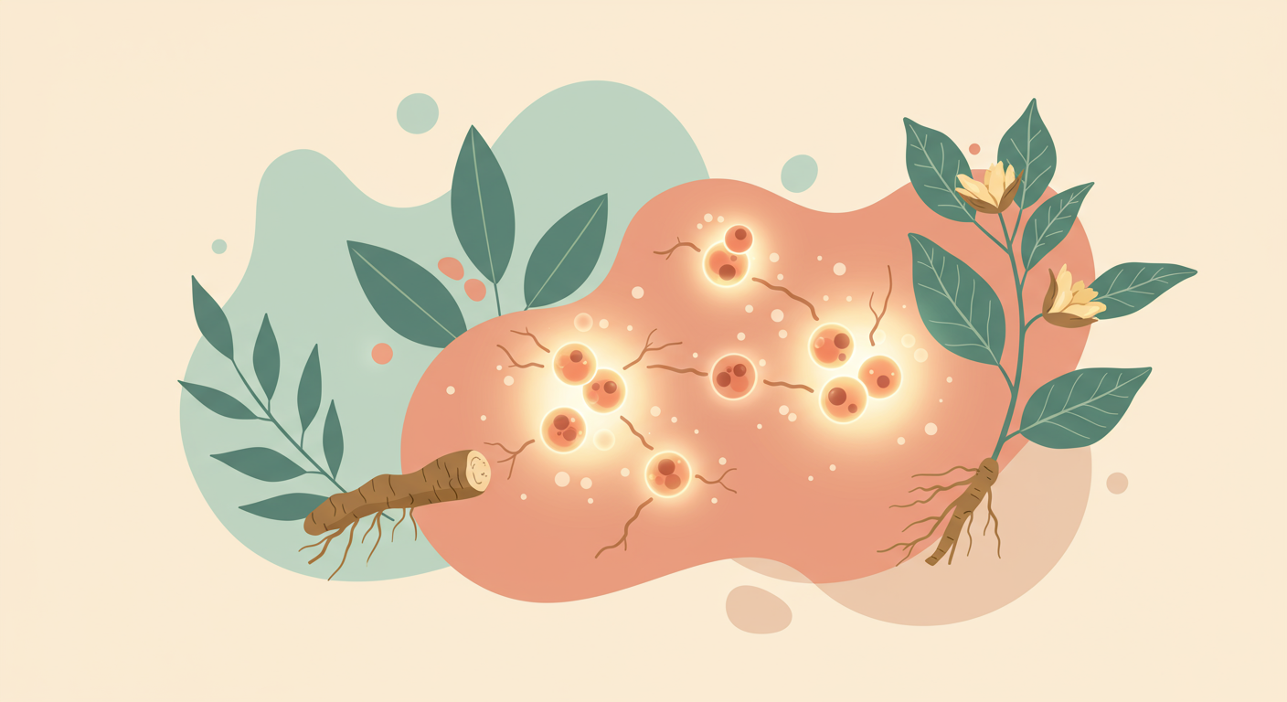 An abstract, glowing representation of immune cells actively working, with Ashwagandha roots and leaves subtly integrated into the energetic background, symbolizing immune system support.