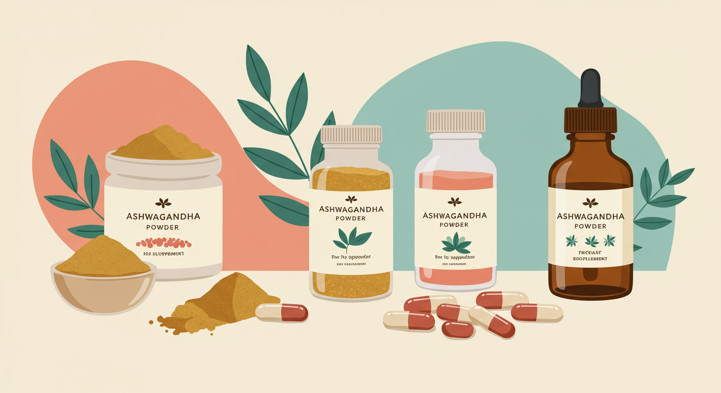 Various forms of Ashwagandha supplements including powder, capsules, and a tincture bottle.