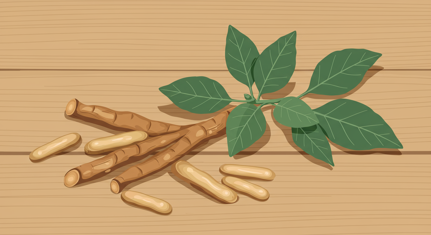 Close-up of Ashwagandha roots and leaves on a wooden surface, highlighting its natural form.