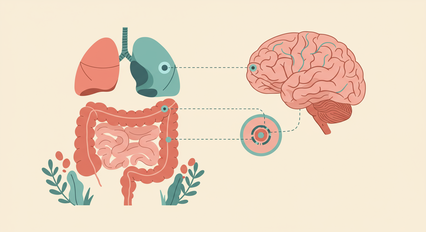An illustration depicting the gut and brain connected by nerve pathways, representing the gut-brain axis.