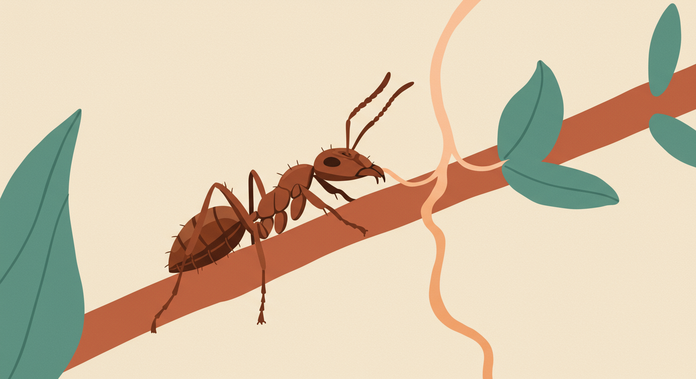 A striking close-up photograph of an ant with a slender, reddish-brown fungal stalk (Cordyceps) visibly growing out of its head, showcasing the dramatic end stage of parasitic infection.