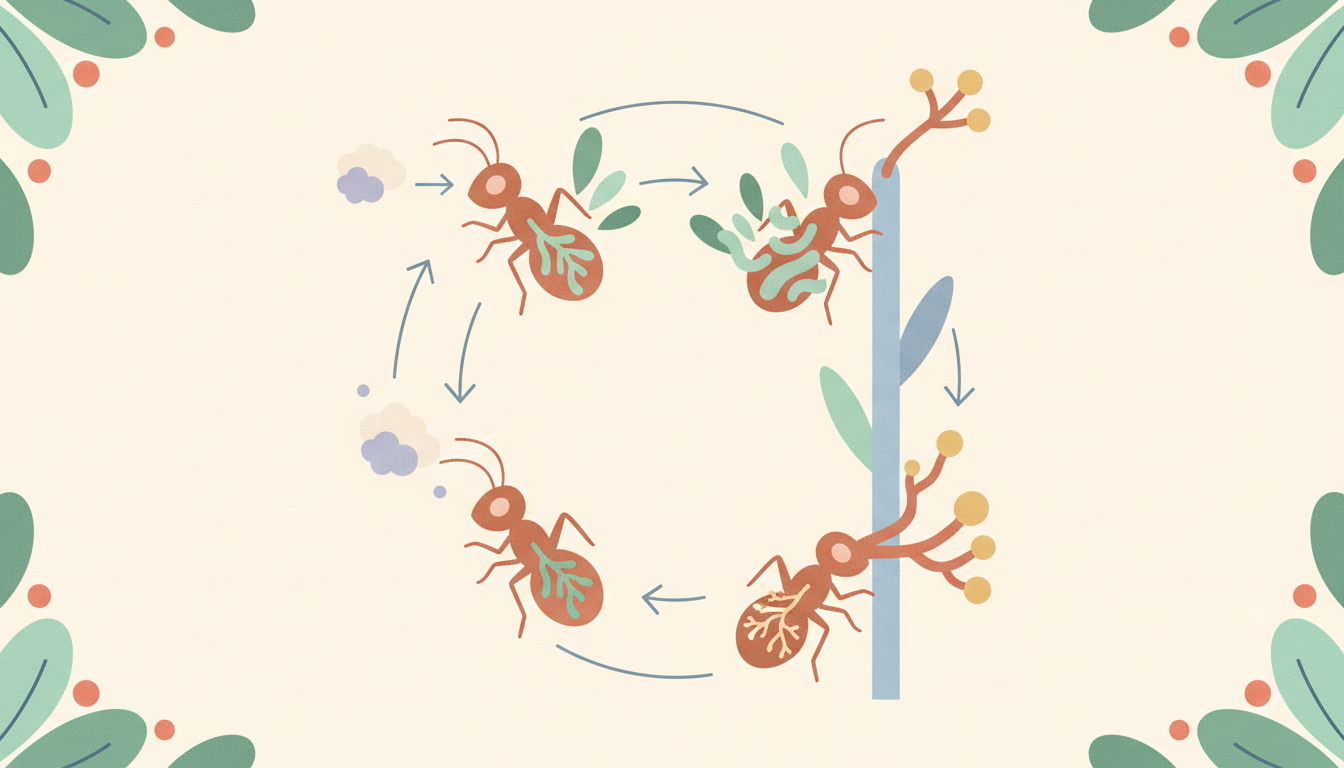 An illustrative diagram clearly showing the intricate life cycle of Cordyceps, beginning with spores infecting an insect, then depicting the fungus growing internally, manipulating the insect's behavior to climb high, and finally sprouting a fruiting body from the insect's carcass to release new spores.