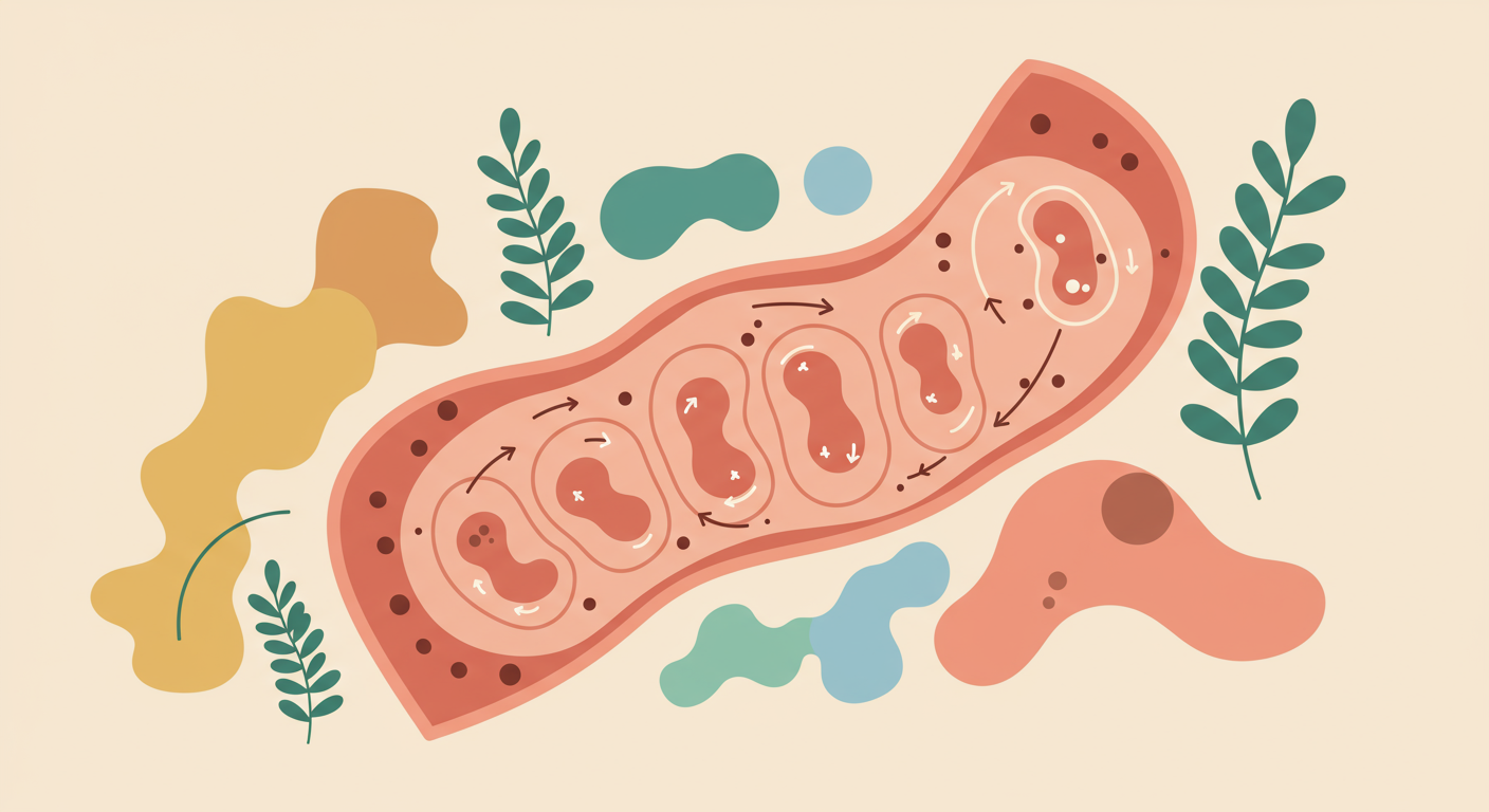 A stylized illustration of mitochondria within a muscle cell, with small arrows pointing towards an increase in ATP production, symbolizing improved energy.