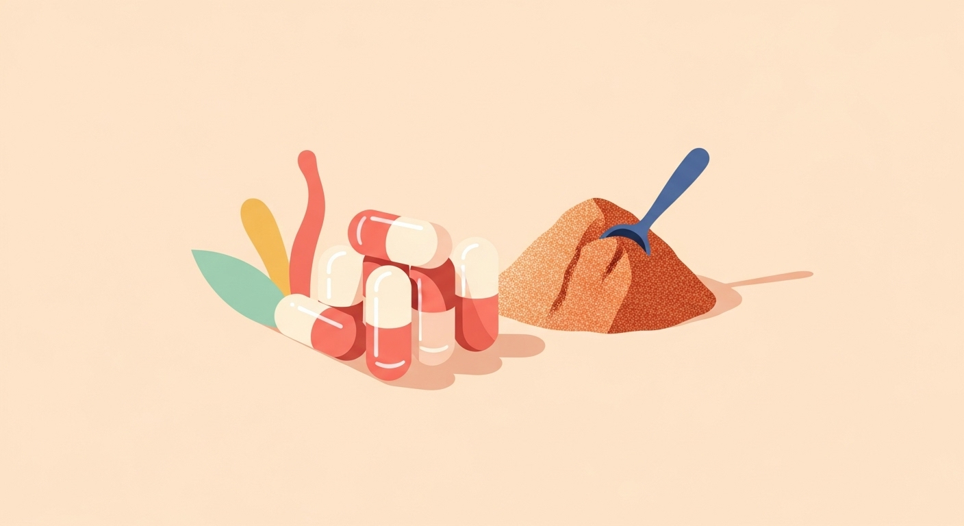 A close-up of Cordyceps mushroom capsules and powder, symbolizing easy integration into a daily routine.