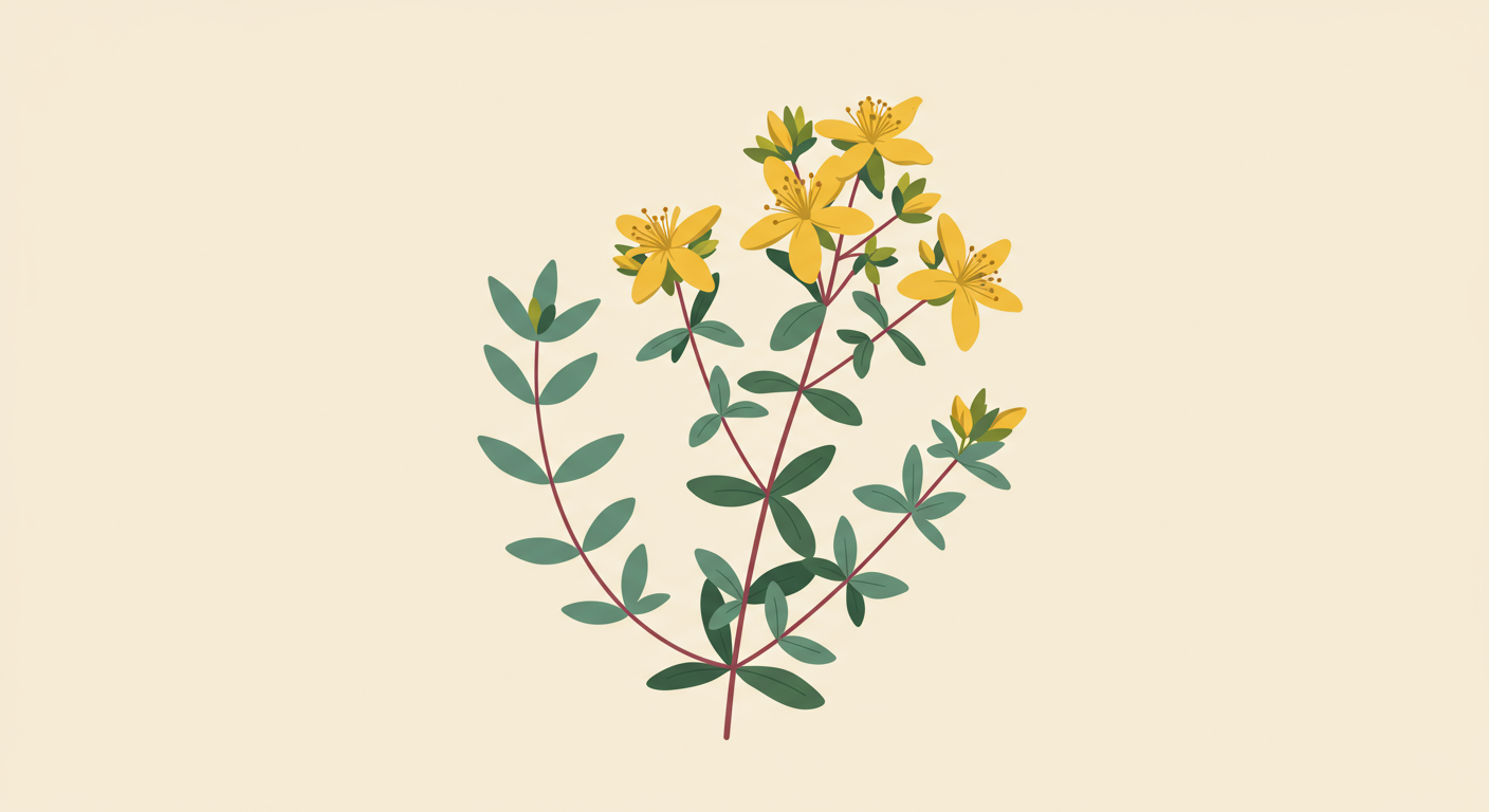Botanical illustration of the St. John's Wort plant showing its distinctive yellow flowers, oval leaves, and reddish stems.