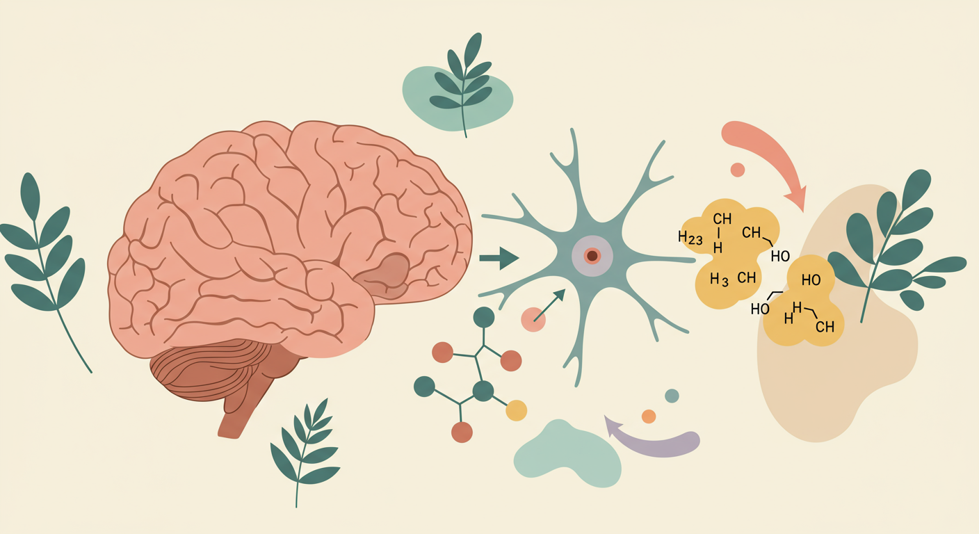 Stylized graphic illustrating brain neurons and neurotransmitter molecules (representing serotonin, dopamine, norepinephrine) being released and reabsorbed, with abstract shapes symbolizing St. John's Wort compounds interacting to prolong their presence in the synapse.