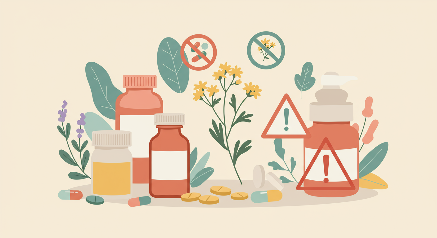 A visual metaphor showing various prescription pill bottles surrounding a sprig of St. John's Wort, with warning symbols (e.g., stop sign, caution triangle) superimposed to represent potential drug interactions.