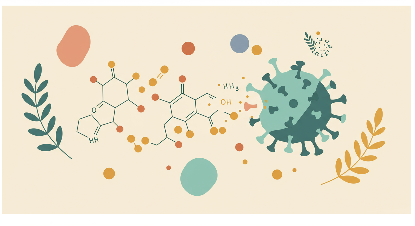 An abstract, stylized image showing St. John's Wort compounds (represented as small, interlocking shapes) surrounding and interfering with a virus particle (represented as a geometric sphere), symbolizing antiviral action.