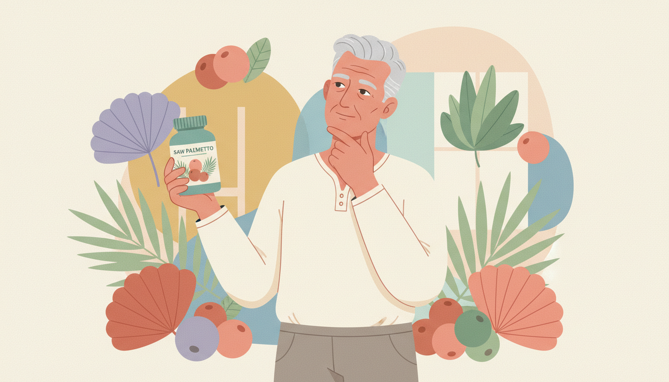 A thoughtful man in his 50s or 60s holding a bottle of Saw Palmetto supplements, considering his health options.