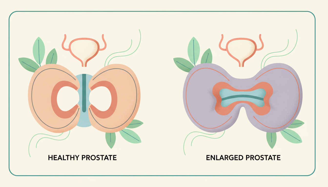 A medical diagram illustrating the difference between a healthy prostate gland and an enlarged prostate gland, showing how the enlarged gland constricts the urethra.