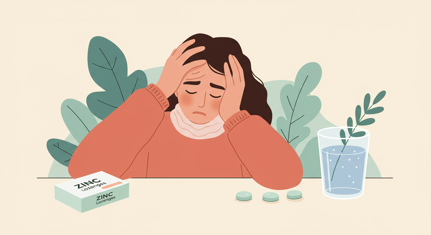 A person gently holding their head, looking slightly unwell, with a box of zinc lozenges and a glass of water nearby, symbolizing the attempt to find relief from cold symptoms.