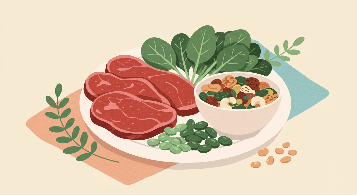 A vibrant and diverse plate of zinc-rich foods, including cooked red meat, a bowl of mixed nuts and seeds, leafy greens, and some beans, illustrating a balanced diet.