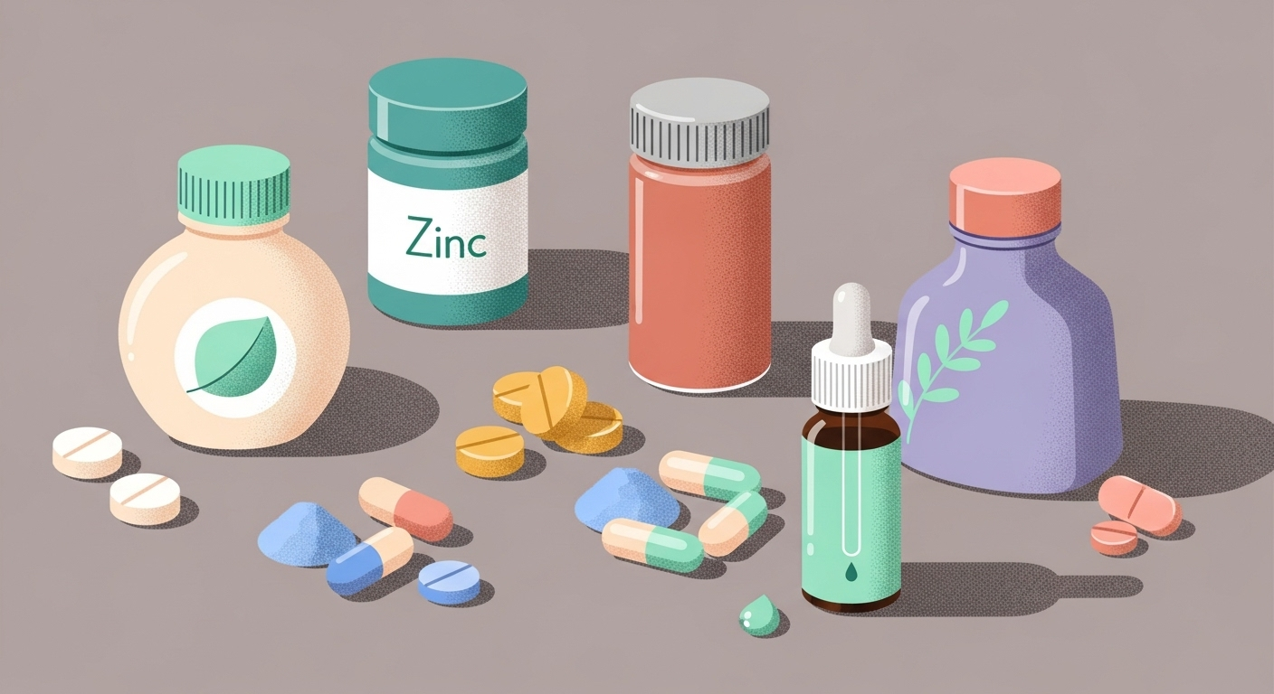 An assortment of zinc supplement bottles and capsules in different forms like lozenges, pills, and liquid drops, highlighting the variety available.
