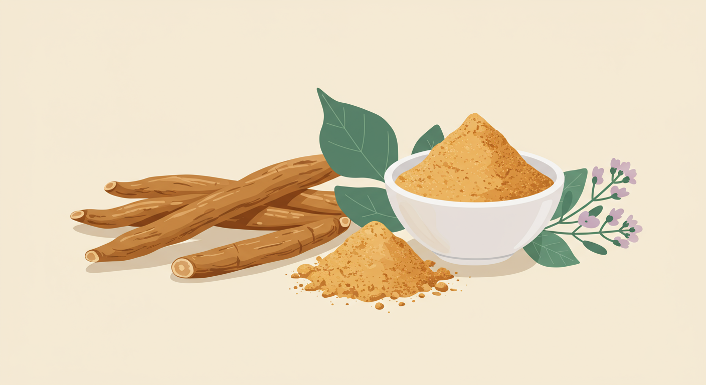 Dried ashwagandha root next to a small bowl of light brown ashwagandha powder.