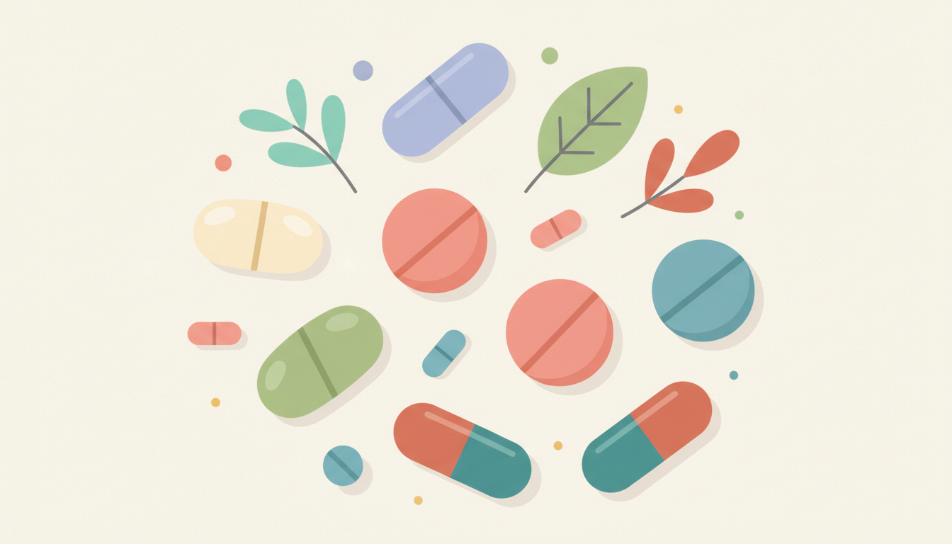 A close-up of various supplement capsules and tablets in different shapes and colors.