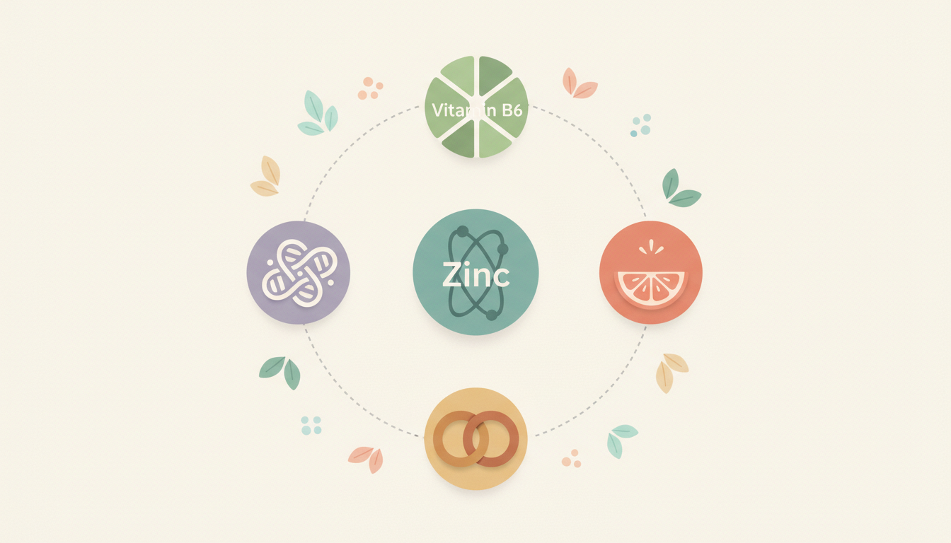 A diagram showing a central Zinc icon connected to icons representing Magnesium, Vitamin B6, Vitamin C, and Copper, illustrating common ingredient pairings.