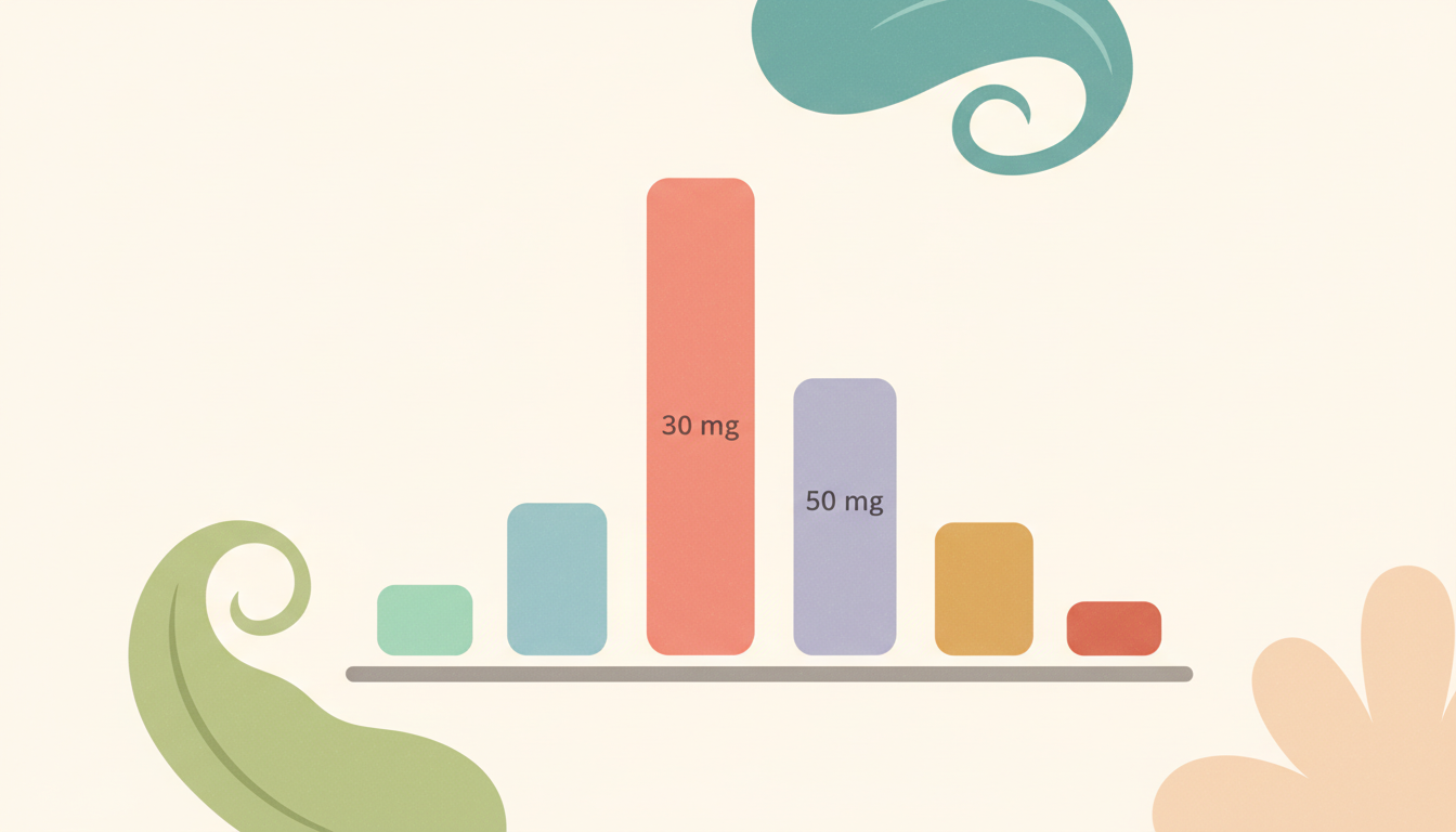 A simple bar chart visualizing the distribution of zinc dosages in supplements, with prominent bars for 30 mg and 50 mg.