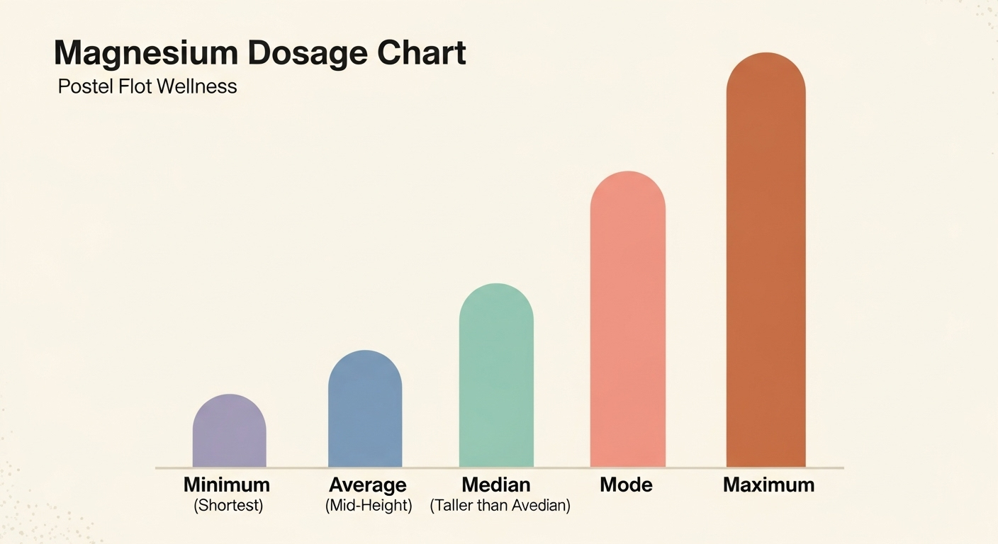 A simple bar chart illustrating the magnesium dosage per serving. The bars show: Minimum (5mg), Average (330mg), Median (350mg), Mode (400mg), and Maximum (800mg).