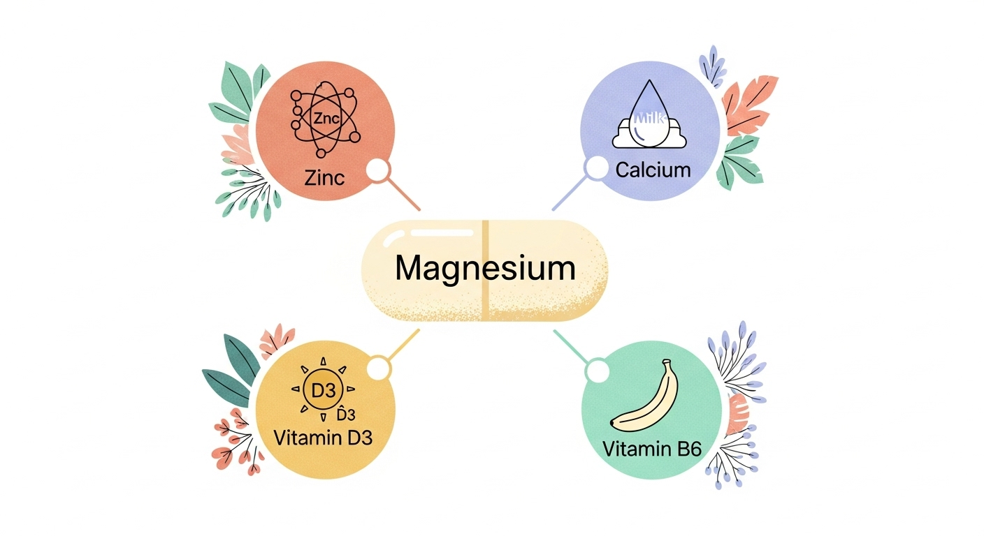 An infographic with icons for Zinc (29%), Calcium (23%), Vitamin D3 (17%), and Vitamin B6 (16%), each with its corresponding percentage, illustrating their prevalence as co-ingredients in magnesium supplements.