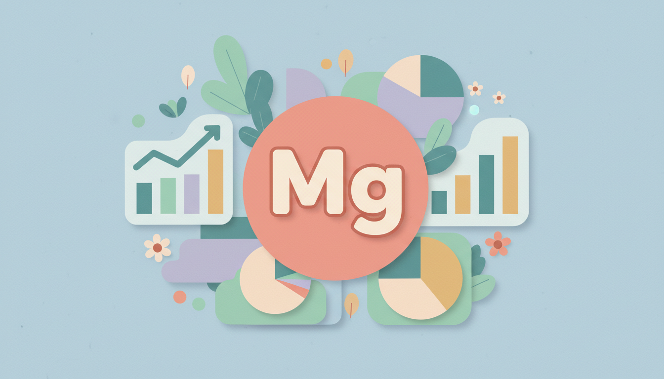 A clean, modern graphic featuring the chemical symbol for Magnesium (Mg) surrounded by icons representing data charts and graphs.