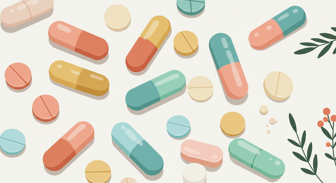 A collection of different supplement capsules and tablets scattered on a clean, white surface.