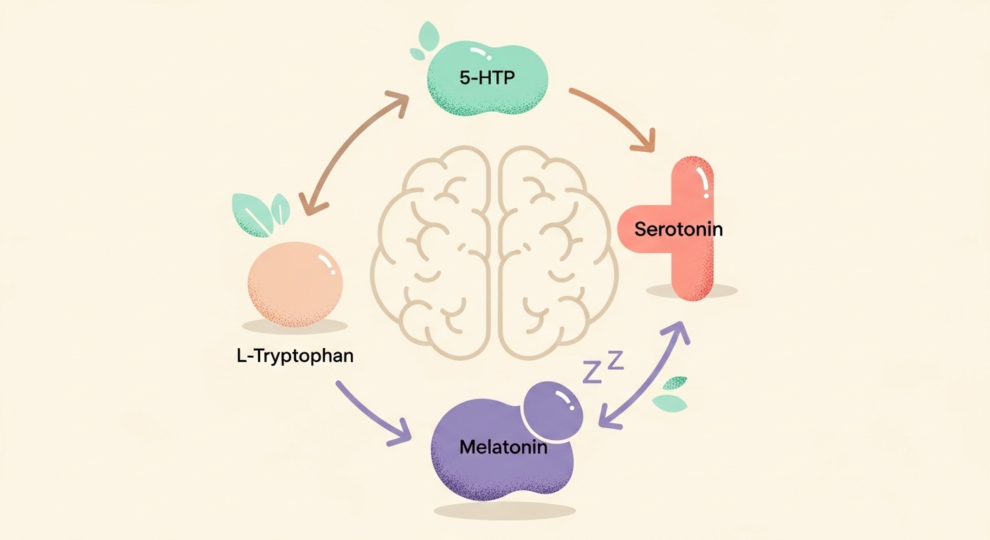A simple diagram illustrating the biochemical pathway: L-Tryptophan is converted to 5-HTP, which becomes Serotonin, and finally is converted into Melatonin in the brain.
