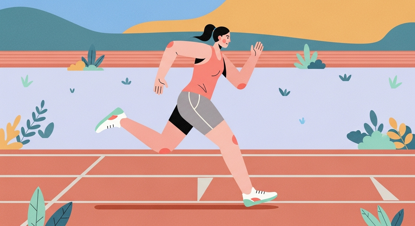 A female runner pushing through her stride on an outdoor track, demonstrating endurance and focus.