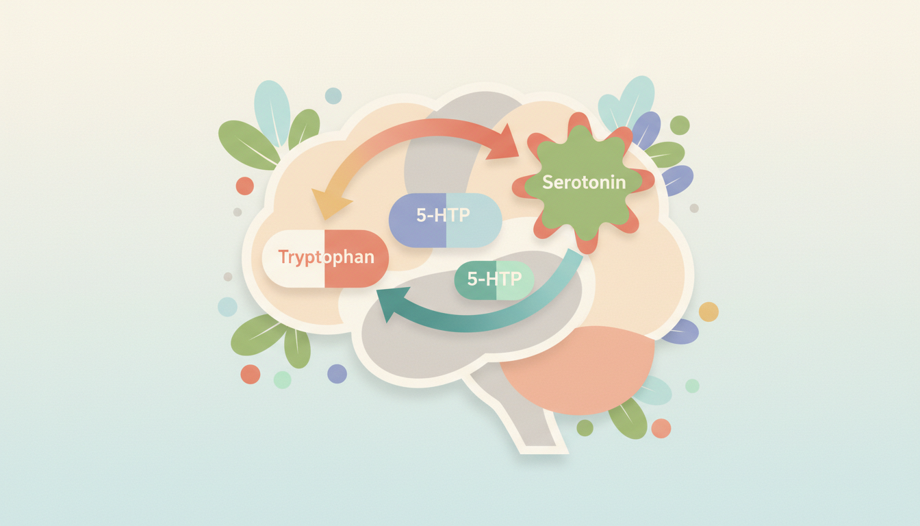 A scientific diagram illustrating the conversion of Tryptophan to 5-HTP and then to Serotonin in the brain.