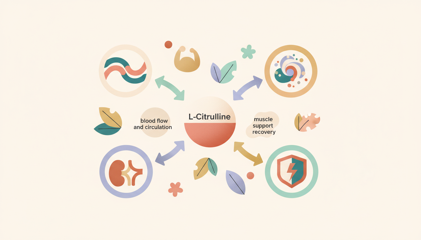 An infographic showing approximate functions of L-Citrulline.
