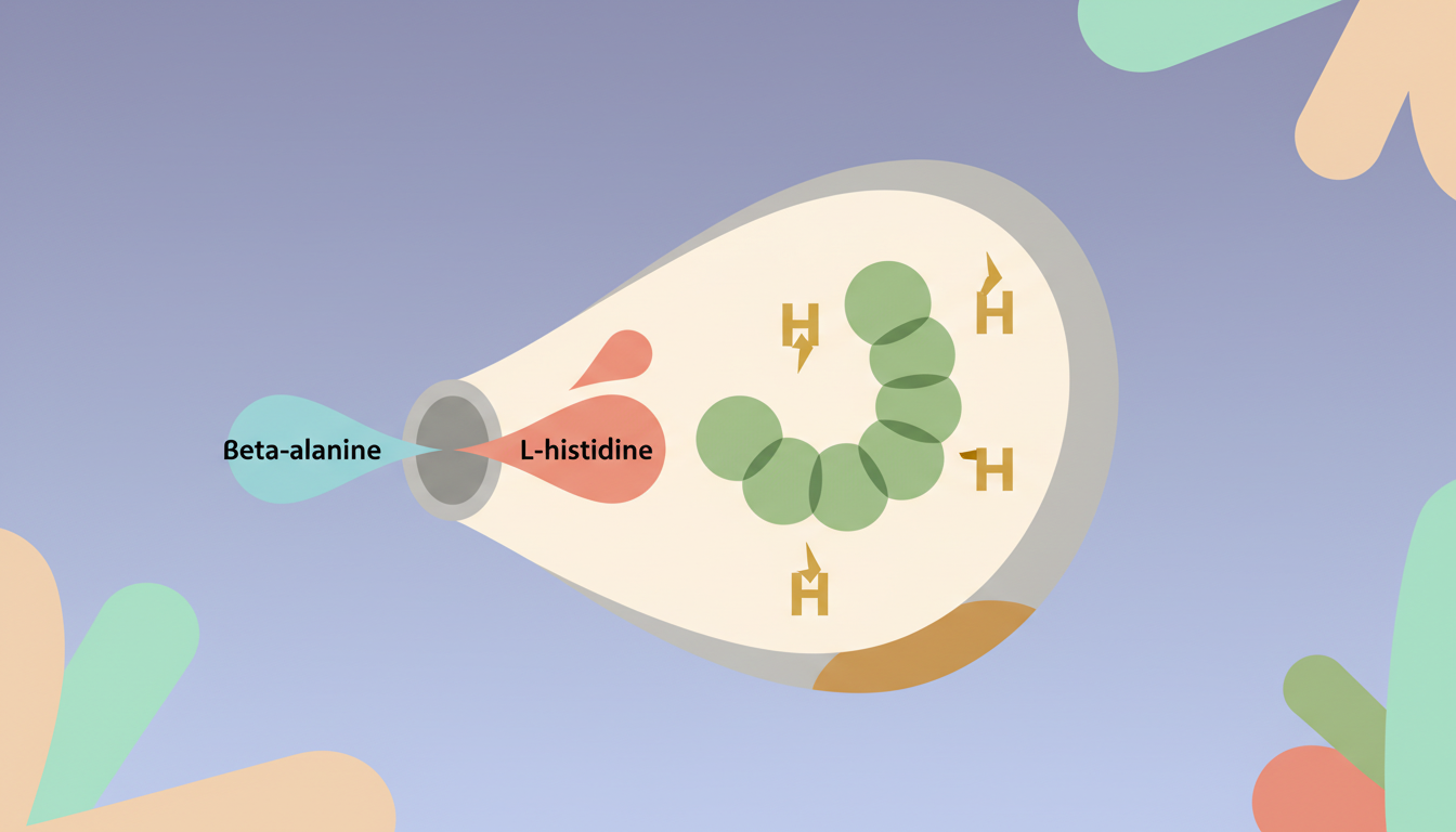 A scientific diagram illustrating how beta-alanine enters the muscle cell, combines with L-histidine to form carnosine, which then buffers hydrogen ions during intense exercise.