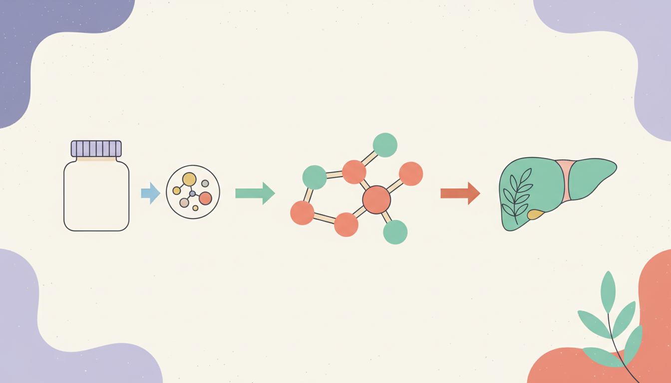 An infographic illustrating the metabolic pathway of NAC. An icon of a supplement bottle is labeled 'NAC Ingestion.' An arrow points to an icon of a molecule labeled 'Cysteine.' A second arrow points to a larger, more complex molecule labeled 'Glutathione Synthesis.' A final arrow points to an icon of a healthy liver, labeled 'Liver Protection & Detoxification.'