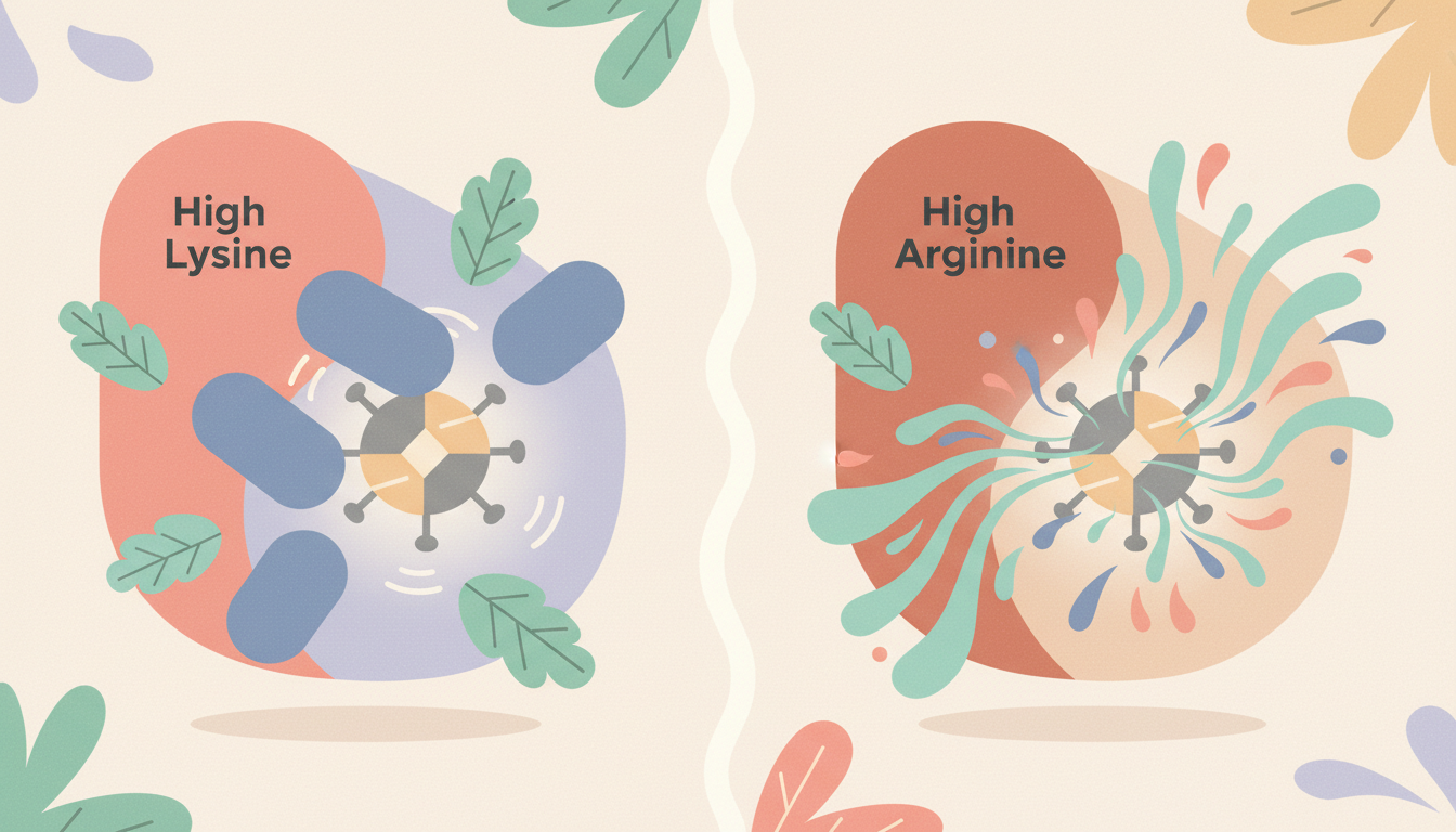 An infographic illustrating the balance between Lysine and Arginine. One side shows high Lysine levels blocking Arginine, leading to a suppressed virus icon. The other side shows high Arginine levels fueling the virus icon's activity.
