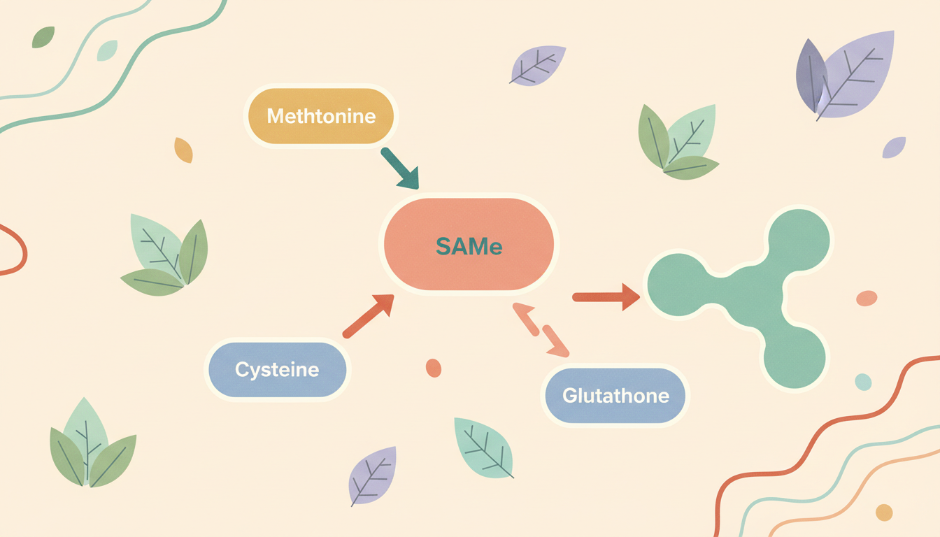 A scientific diagram showing the metabolic pathway from Methionine to SAMe, and its subsequent conversion to cysteine for glutathione synthesis.