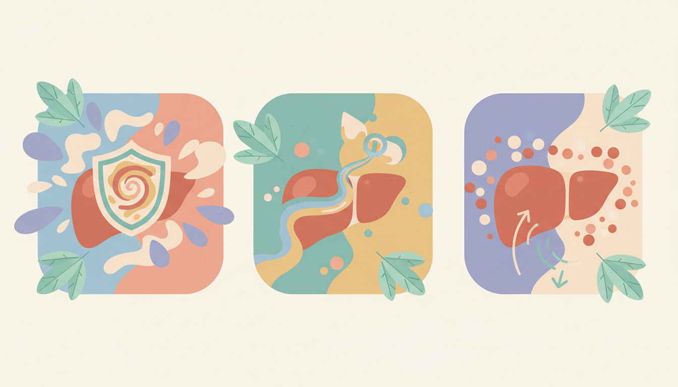 An infographic illustrating the three main benefits of taurine for the liver: antioxidant defense, bile acid formation, and reducing fat accumulation.