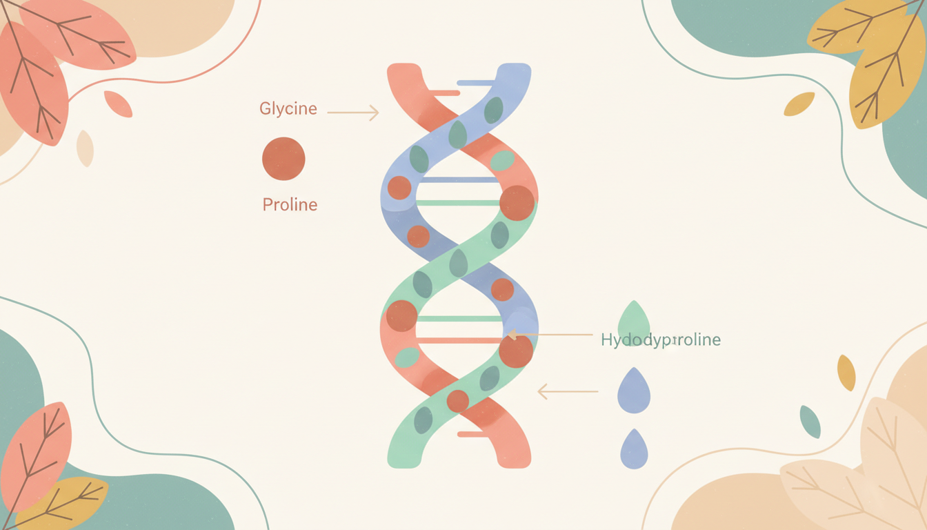 A scientific diagram illustrating the triple helix structure of a collagen molecule. The individual amino acid chains are shown twisting together, with labels pointing to Glycine, Proline, and Hydroxyproline as key components.