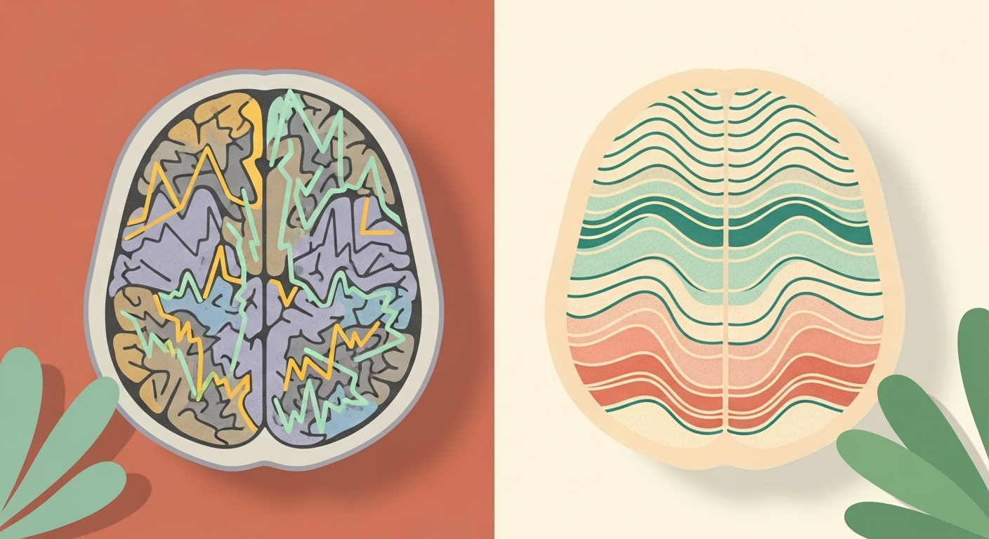 An infographic showing two brain scans. The left, labeled 'Caffeine Alone,' has erratic beta wave patterns. The right, 'Caffeine + L-Theanine,' shows smooth, consistent alpha waves.