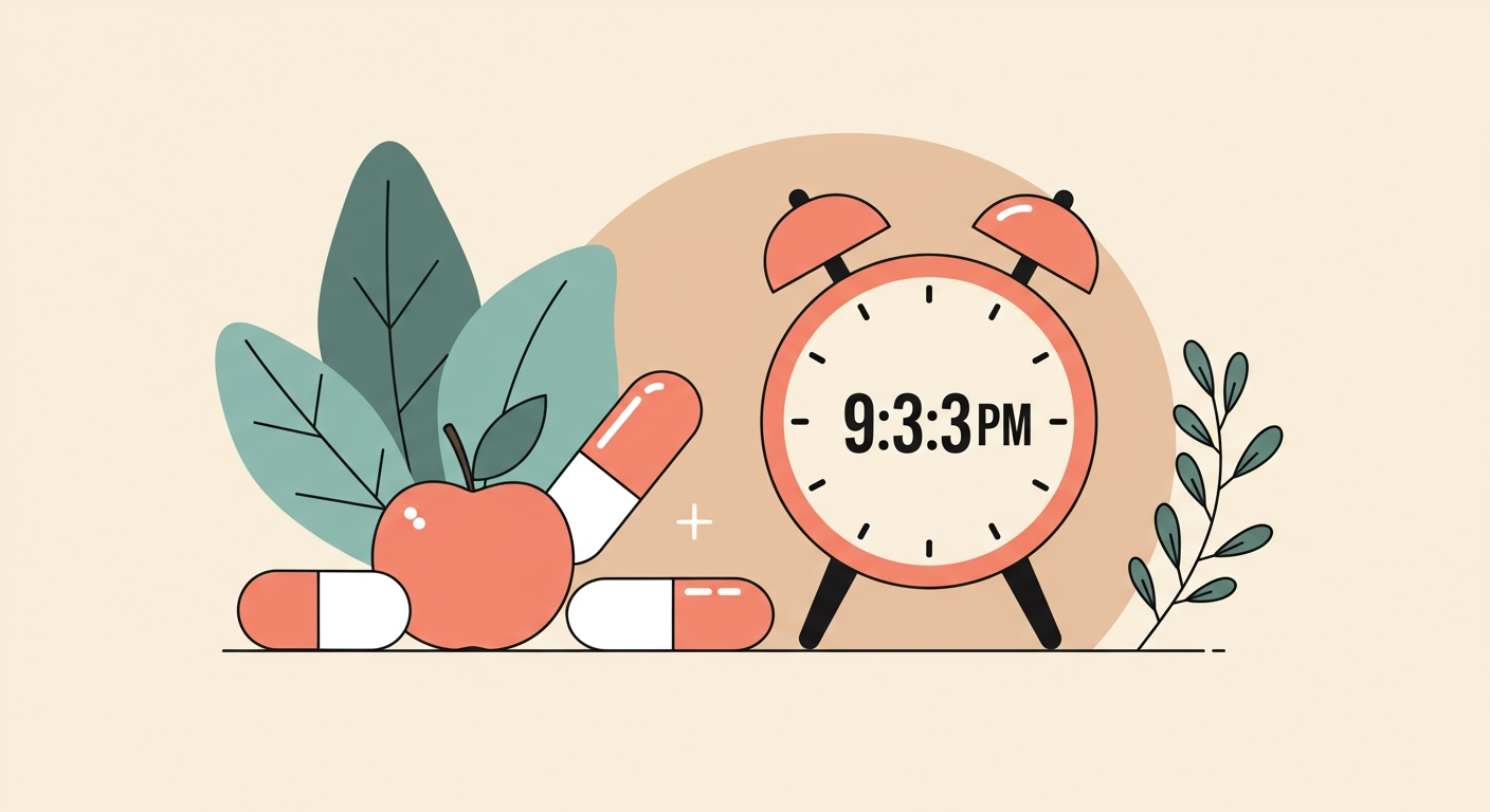 A simple graphic icon of a person taking a capsule next to a small piece of fruit and a clock showing a time of '9:30 PM'.