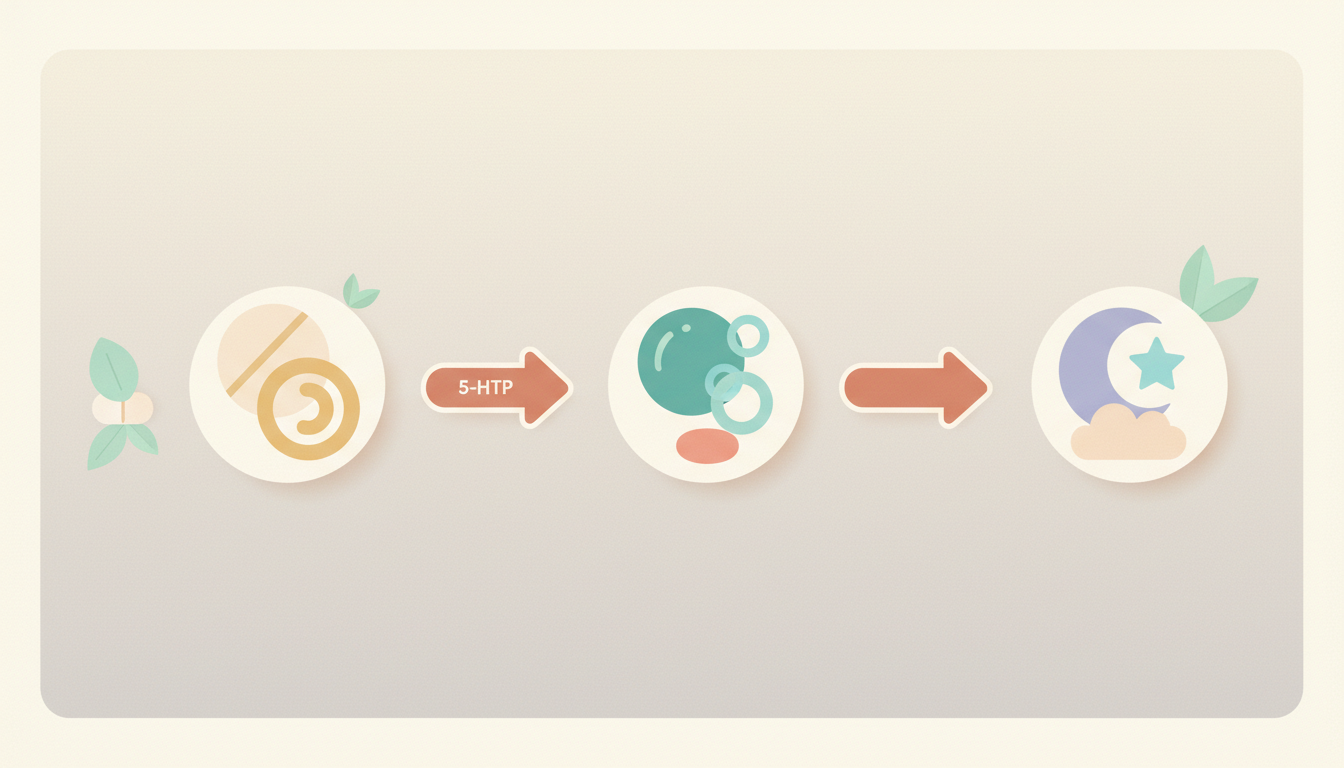 A simple infographic visualizing the conversion pathway: An icon for L-Tryptophan, followed by an arrow to an icon for 5-HTP, an arrow to a serotonin molecule icon labeled 'Mood & Calm', and a final arrow to a melatonin molecule icon labeled 'Sleep Signal'.