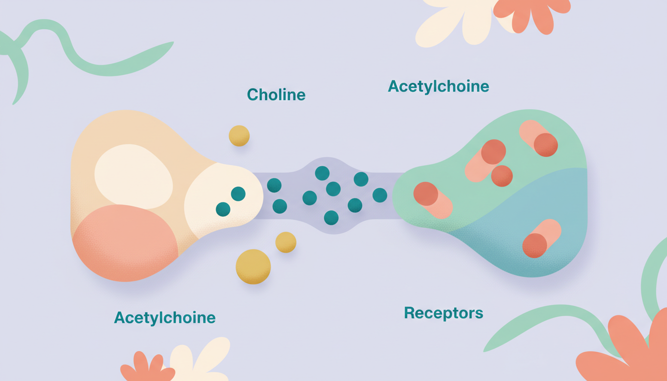 An infographic showing a neuron releasing acetylcholine into a synapse to be received by another neuron, with labels for Choline, Acetylcholine, and Receptors.