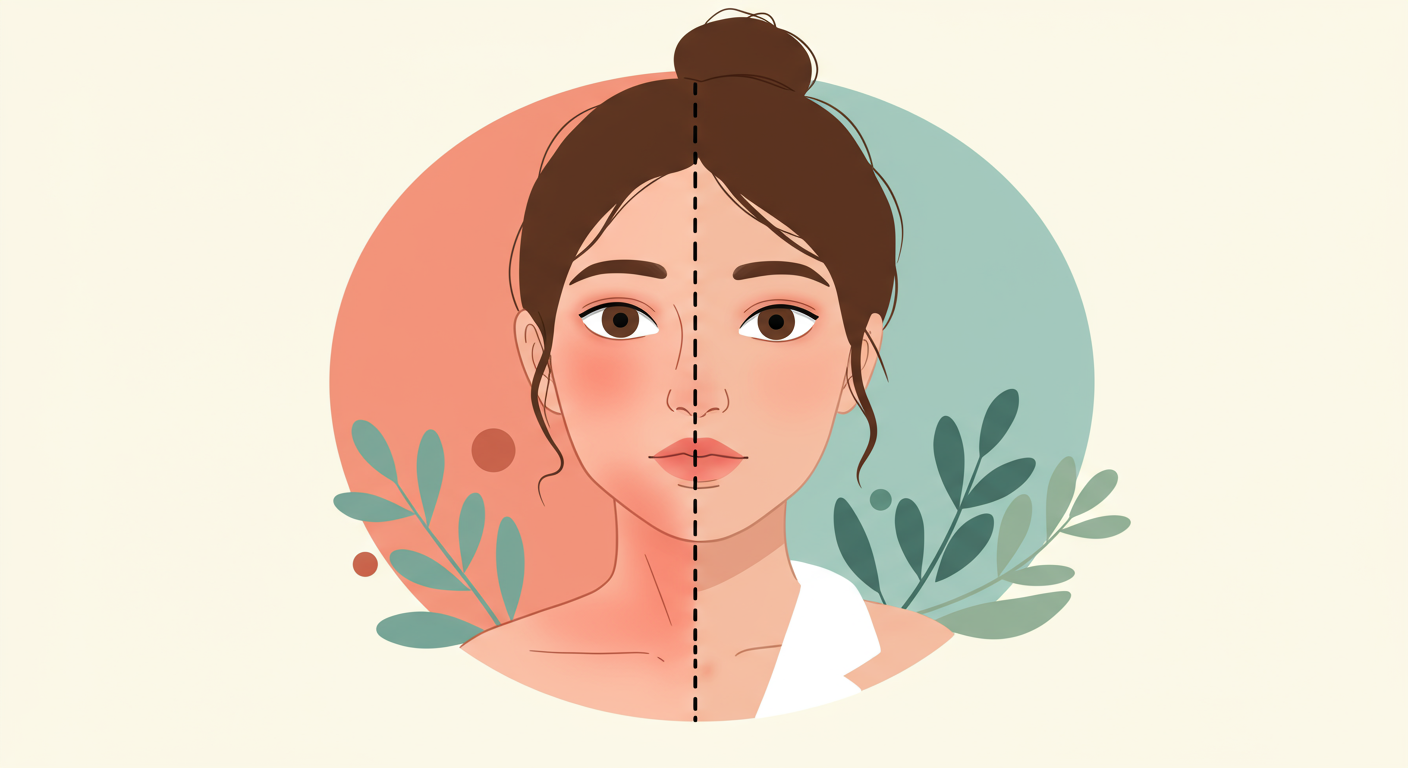 A split image showing the uncomfortable red niacin flush on one side and calm skin on the other, representing the benefit of non-flush niacin.