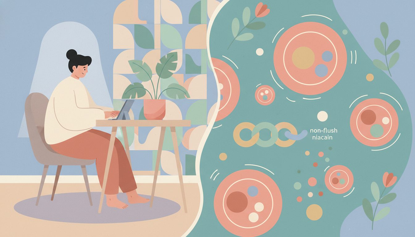 A comfortable person working at a desk, contrasted with a diagram showing the cellular mechanism of non-flush niacin.