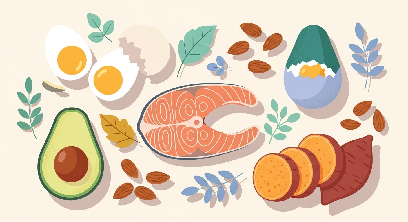 A vibrant flat lay of biotin-rich foods like salmon, eggs, avocados, almonds, and sweet potatoes.