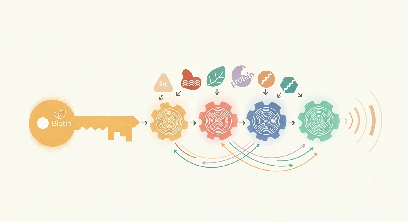 An infographic showing a key labeled 'Biotin' unlocking enzymes that process fats, proteins, and carbohydrates into energy.